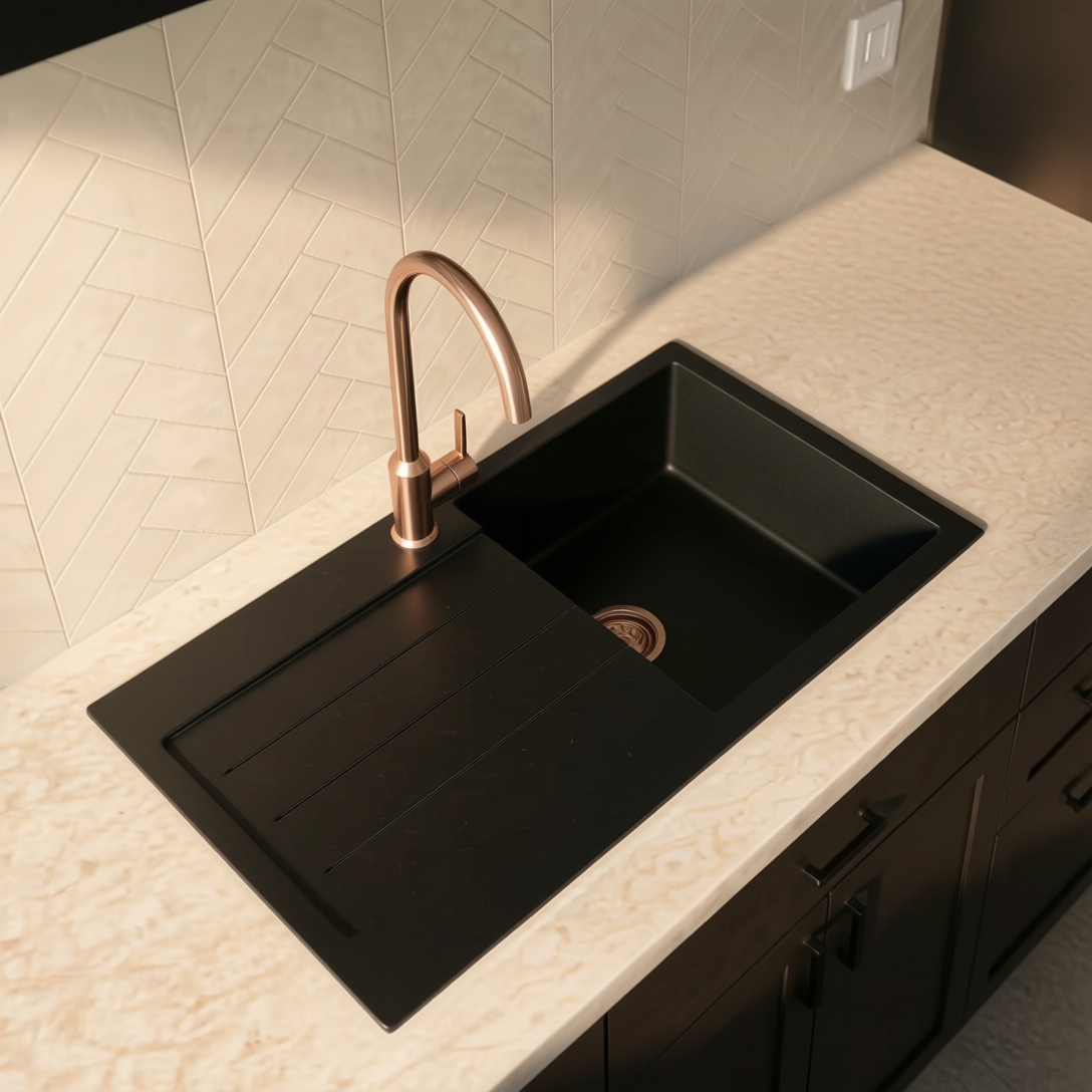 Verossi | 1.0 Bowl Comite Inset Kitchen Sink & Drainer | Left or Right Handed | Chrome Strainer Waste Supplied | 1000 x 500mm | Black