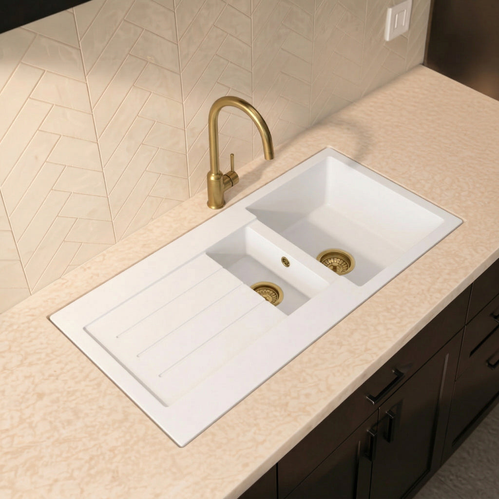 Verossi |  1.3 Bowl Comite Kitchen Sink & Drainer | Left or Right Handed | Chrome Strainer Wastes Supplied | 1000 x 500mm | Matt White