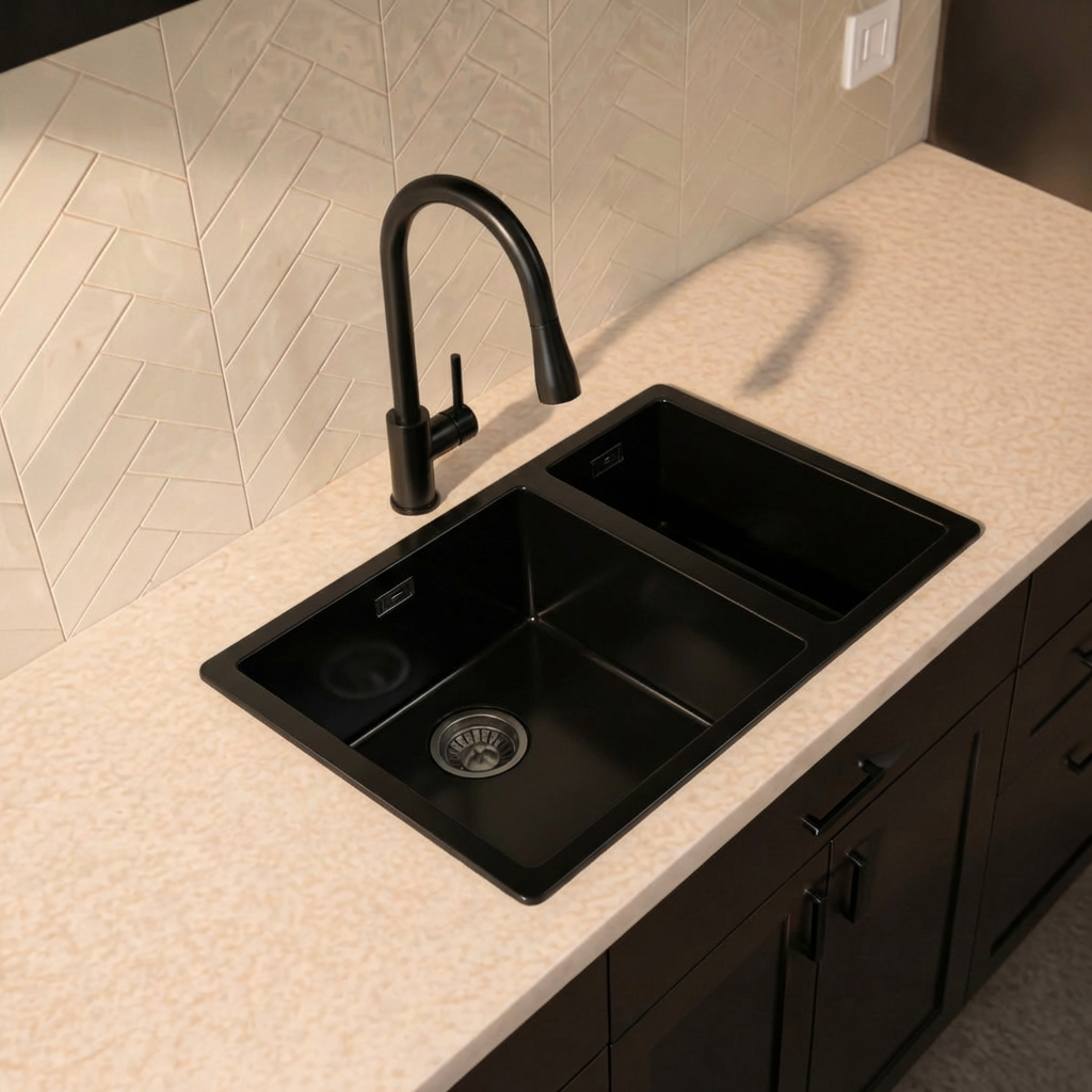 Verossi | 1.5 Bowl Comite Kitchen Sink | Inset or Undermounted | Chrome Strainer Wastes Supplied | 670x440x206mm | Gloss Black