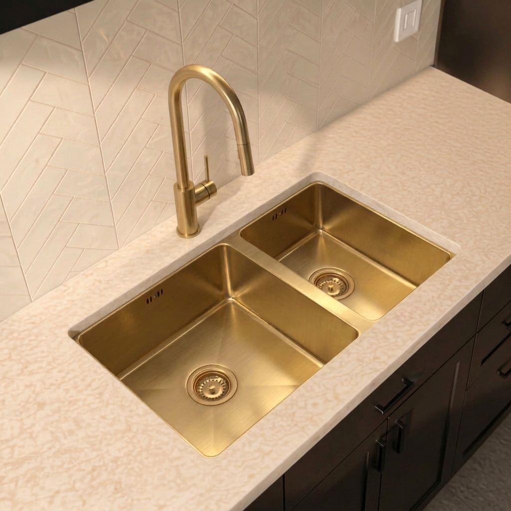 Verossi | 1.5 Bowl Kitchen Sink | Inset or Undermounted | Chrome Strainer Wastes Supplied | 555x440x205 | Brushed Brass