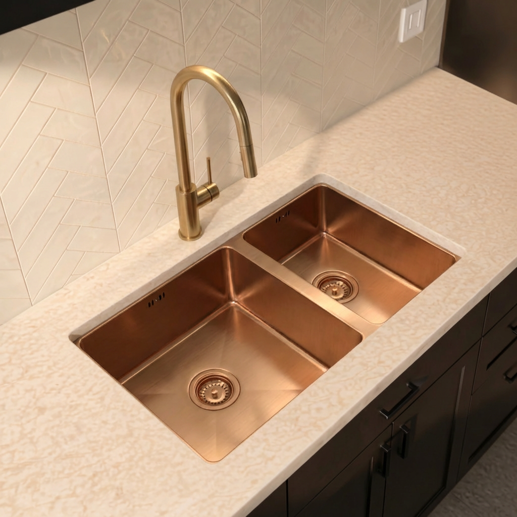 Verossi | 1.5 Bowl Kitchen Sink | Inset or Undermounted | Copper Strainer Wastes Supplied | 555x440x205 | Brushed Copper