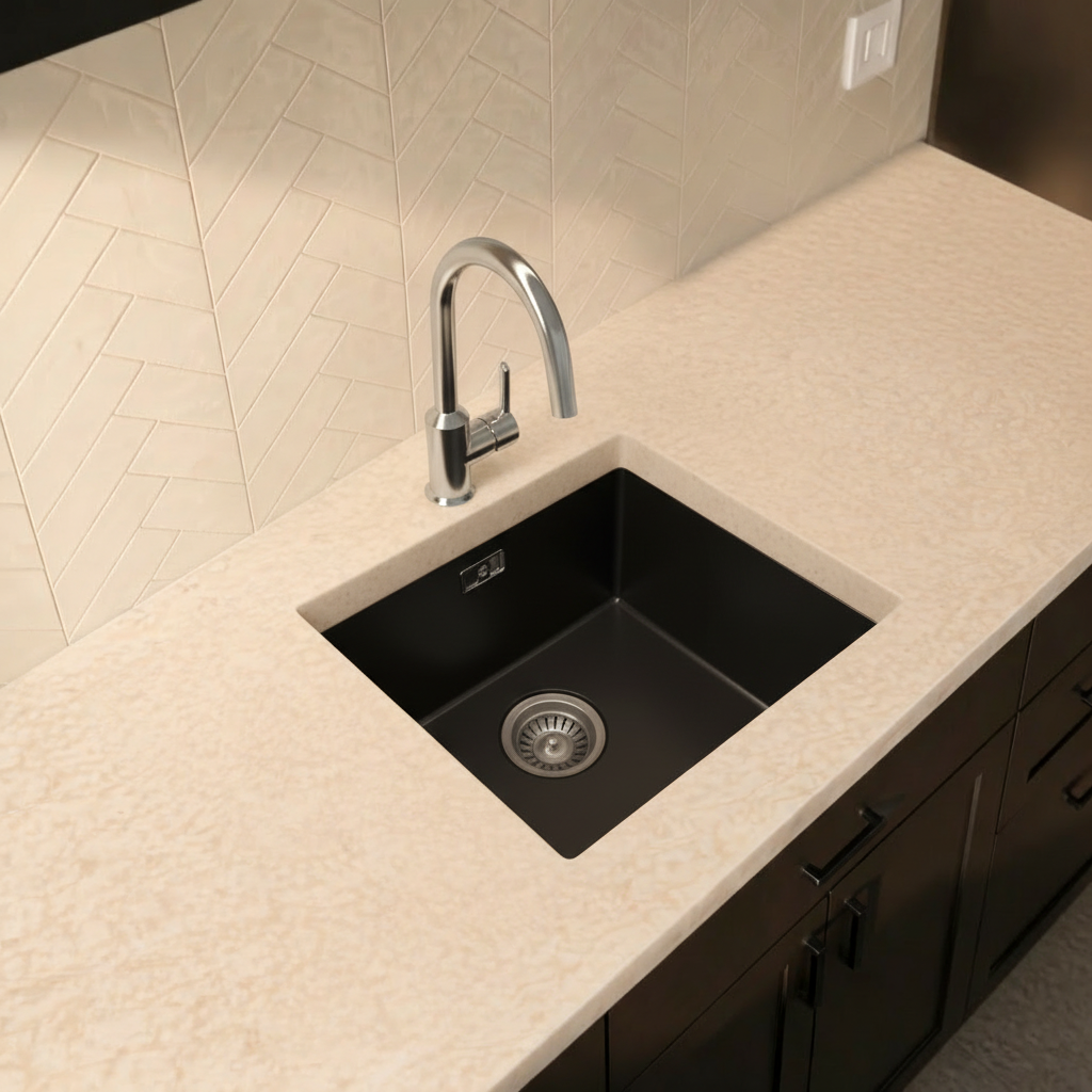 Verossi | 1.0 Bowl Comite Kitchen Sink | Inset or Undermounted | Chrome Strainer Waste Supplied | 440x440x211mm | Matt Black