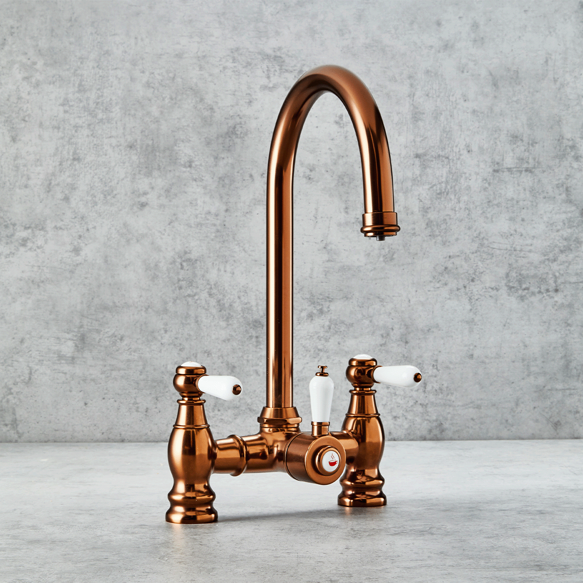 Verossi  | Venetian | Traditional Bridge Style 3 in 1 Instant Boiling Tap | White Ceramic Levers | Brushed Copper Finish