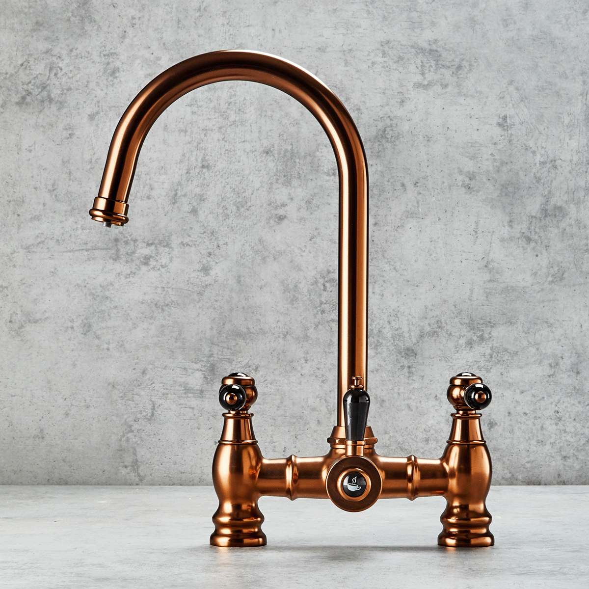 Verossi  | Venetian | Traditional Bridge Style 3 in 1 Instant Boiling Tap | Black Ceramic Levers | Brushed Copper Finish