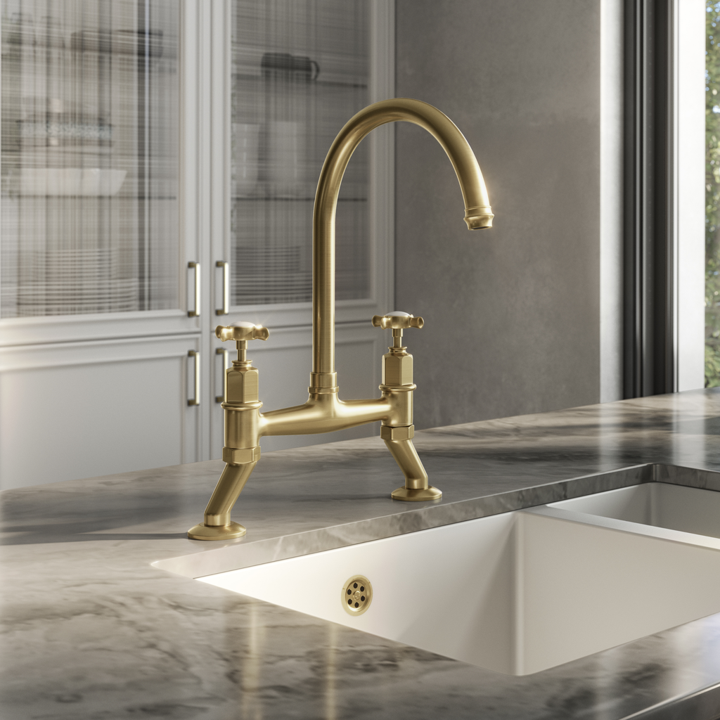 Verossi |Alton | Crosshead Trad Bridge Mixer Tap| Brushed Brass