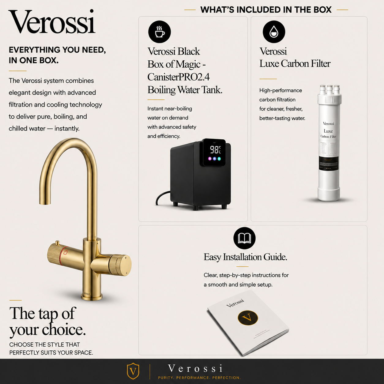 Verossi | Varelle | 3 in 1 Boiling Water Tap | Swan Spout | Brass