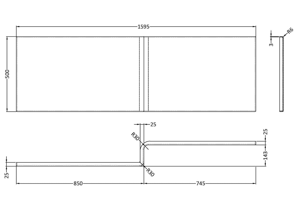 Nuie 1600mm L-Shaped Acrylic Shower Bath Front Panel