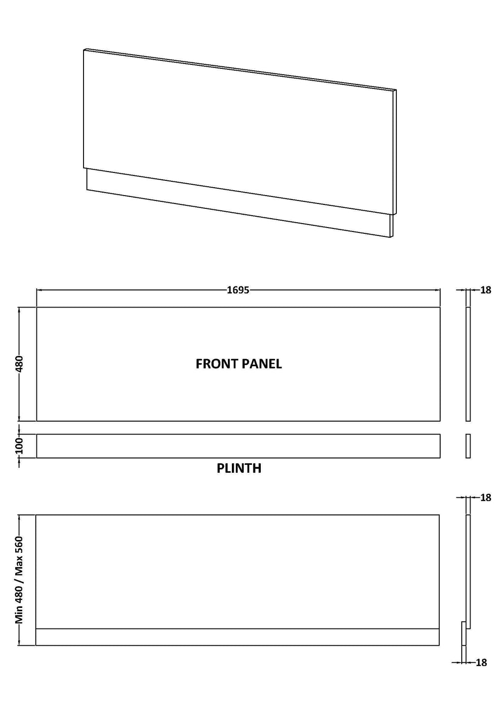 Nuie 1700mm MDF Gloss Straight Front Bath Panel With Plinth
