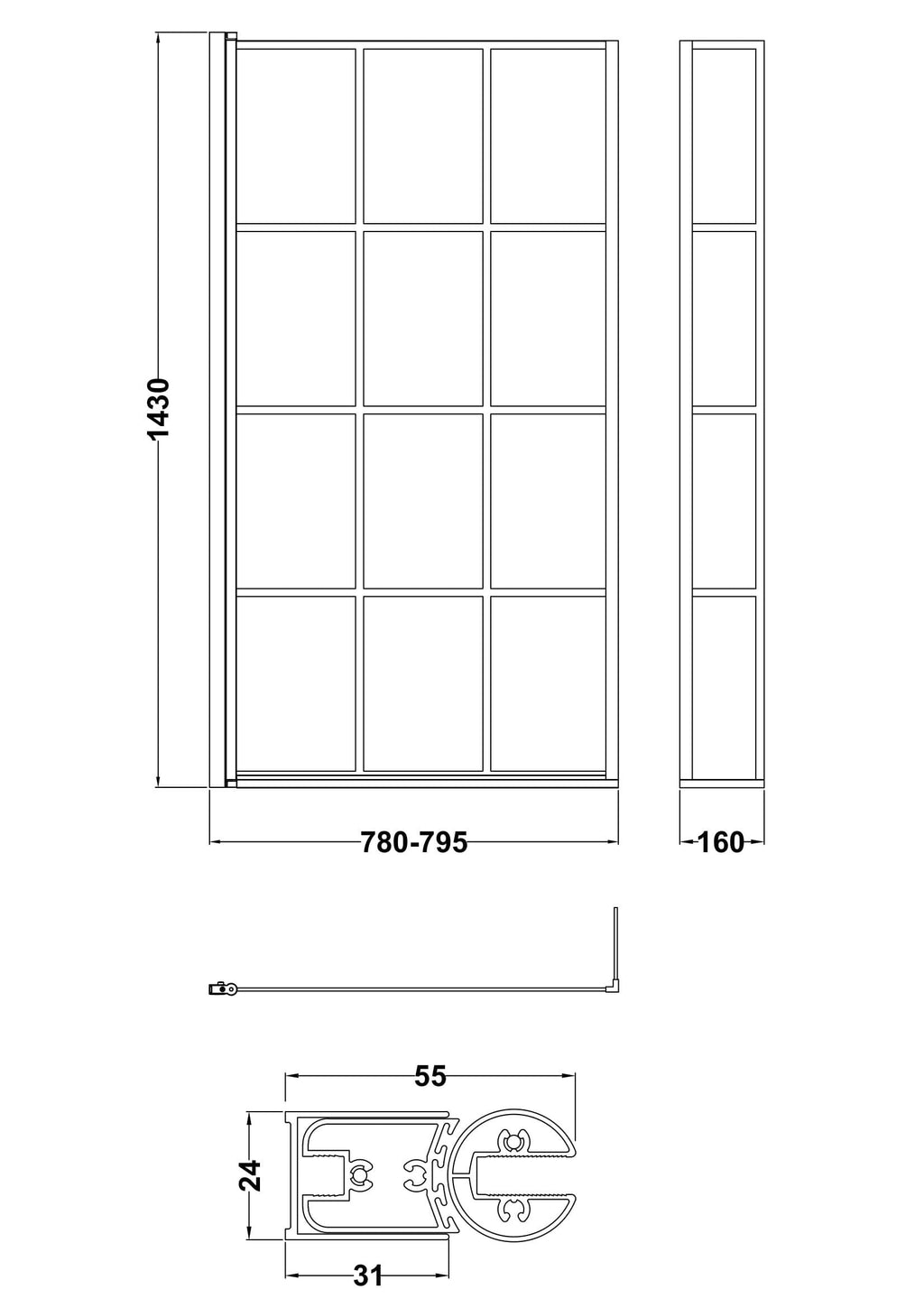Nuie 795mm Framed Matt Black Bath Screen
