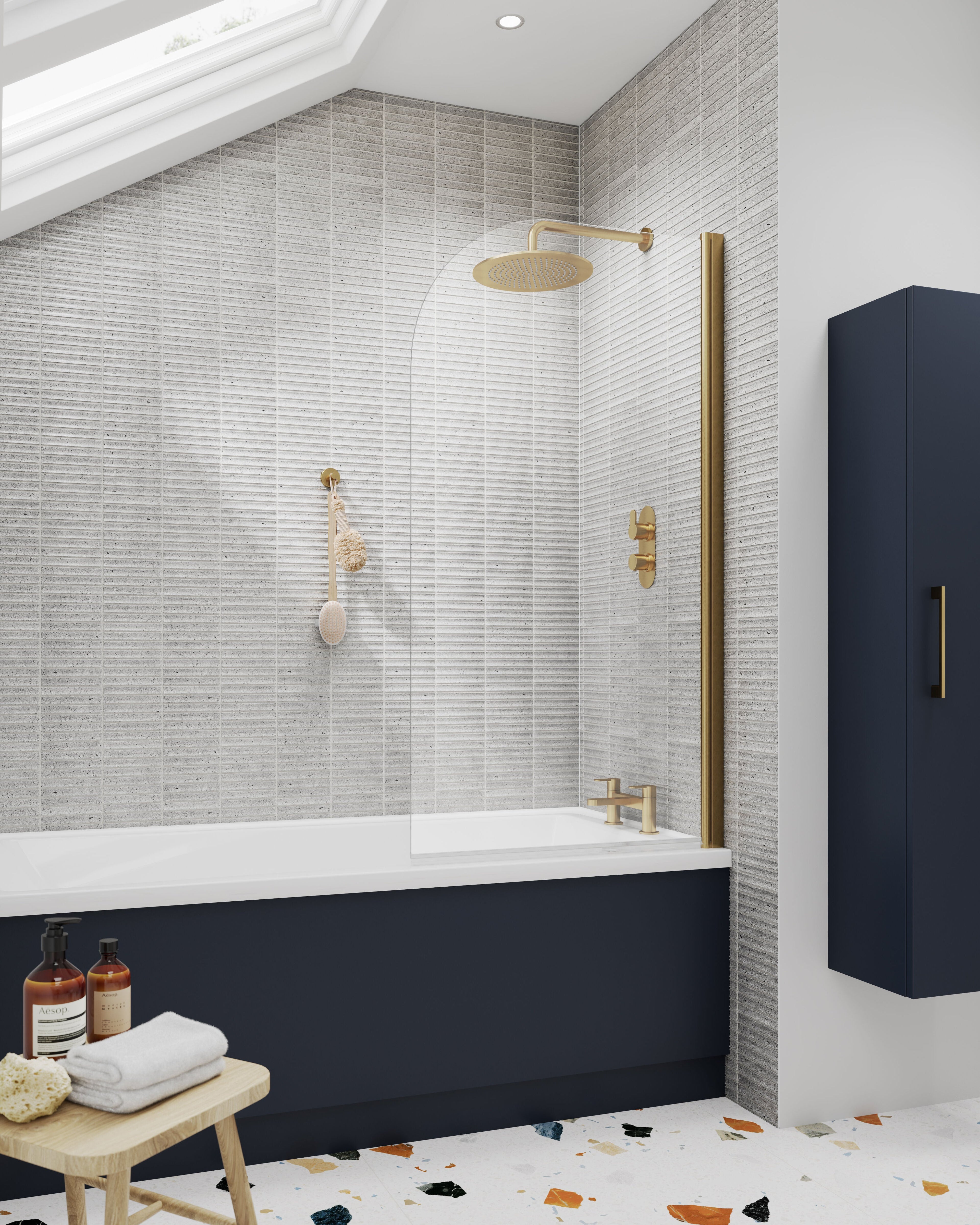 Nuie Pacific 790mm Semi-Frameless Brushed Brass Bath Screen