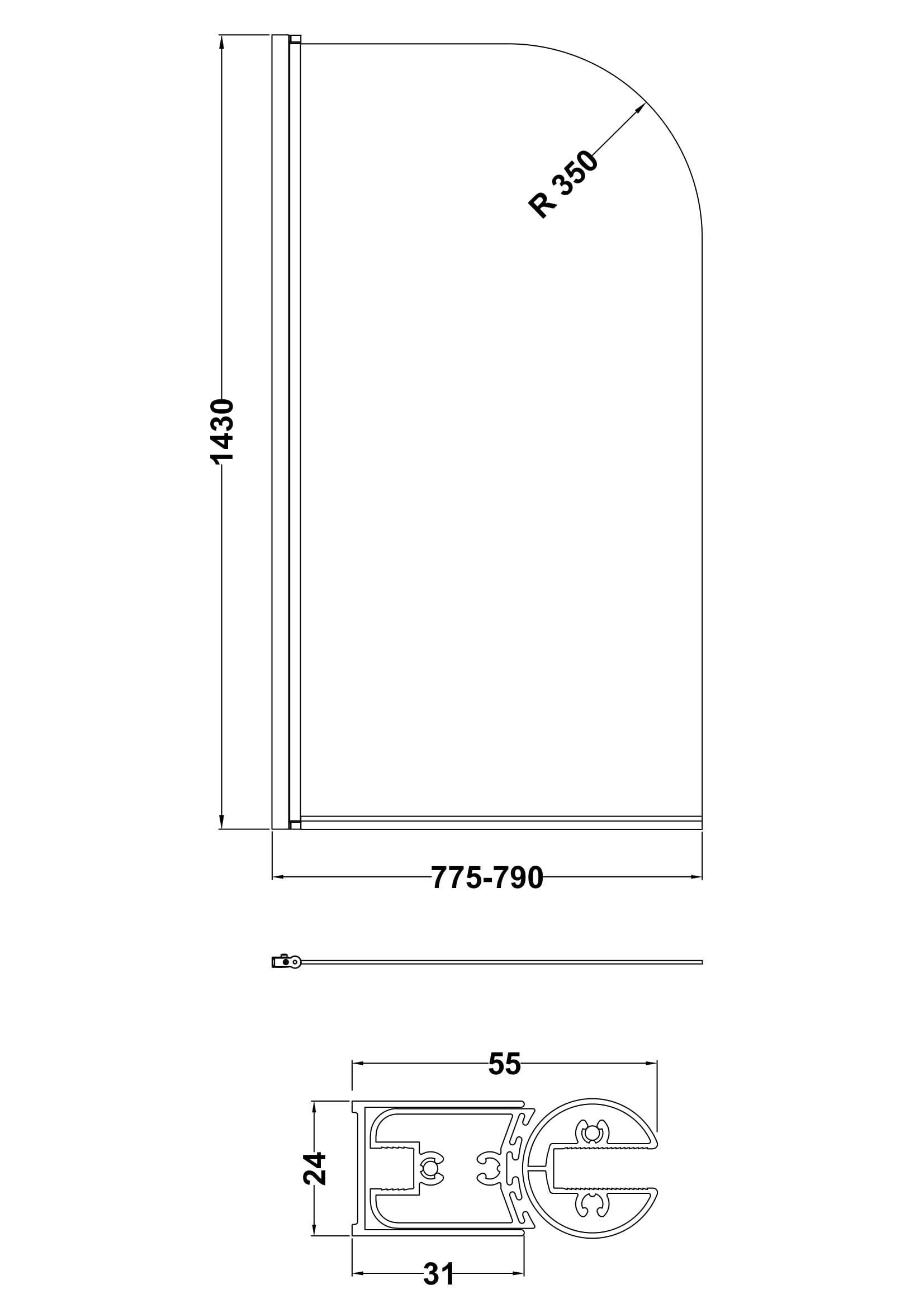 Nuie Pacific 790mm Semi-Frameless Brushed Brass Bath Screen