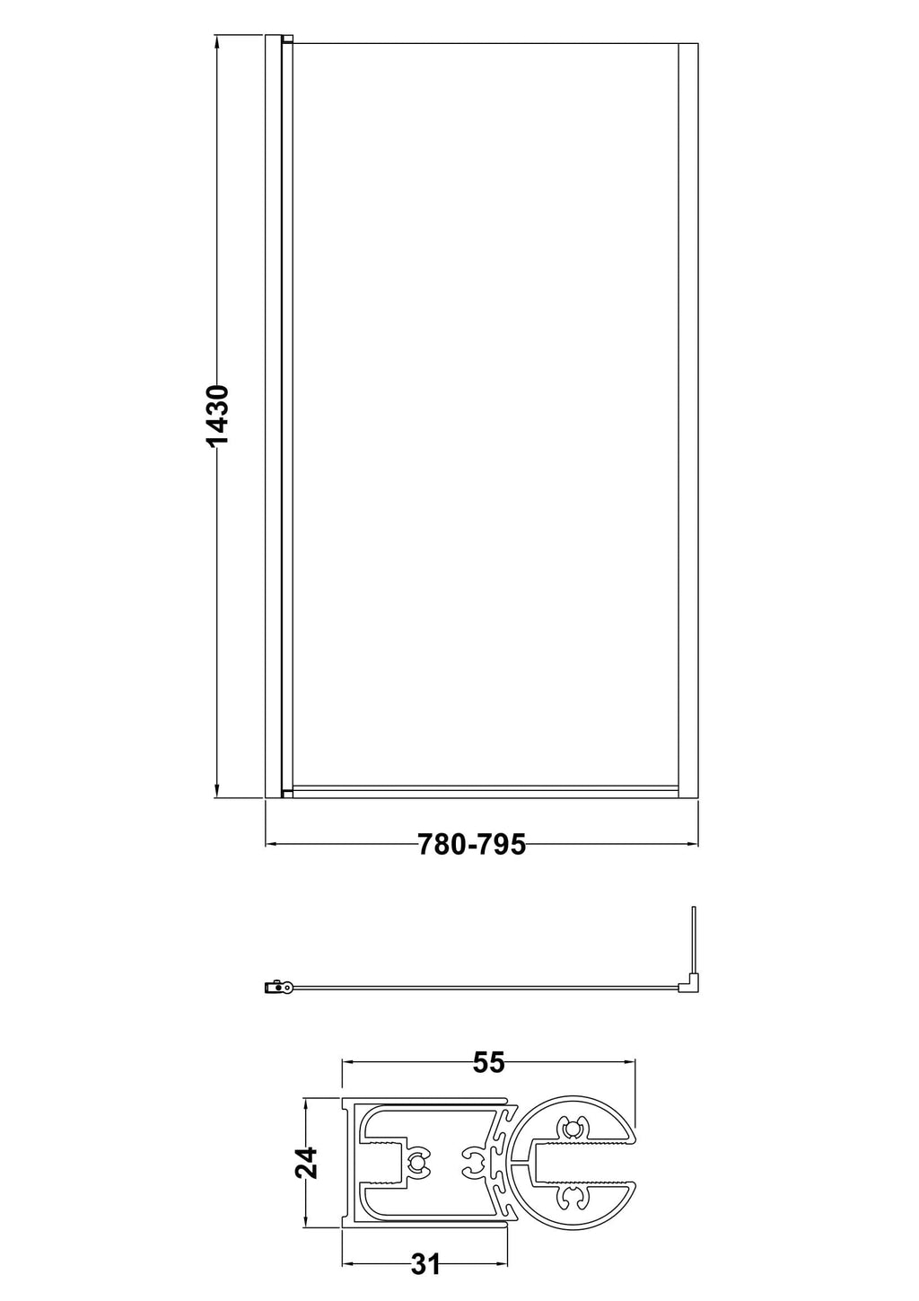 Nuie 795mm Semi-Frameless Chrome L-Shaped Hinged Bath Screen