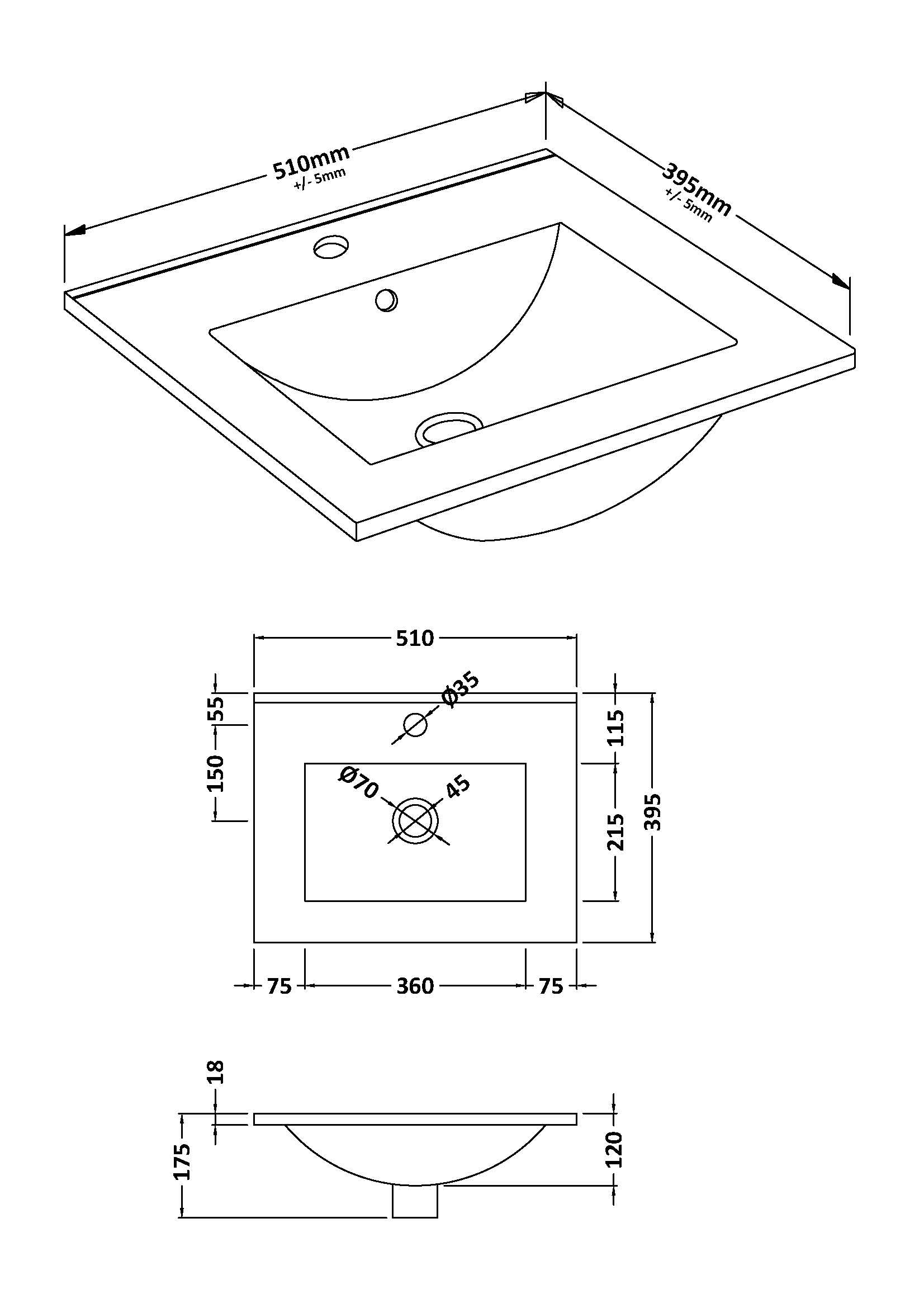 Furniture Minimalist Slimline Ceramic Basin 1 Tap Hole 500mm
