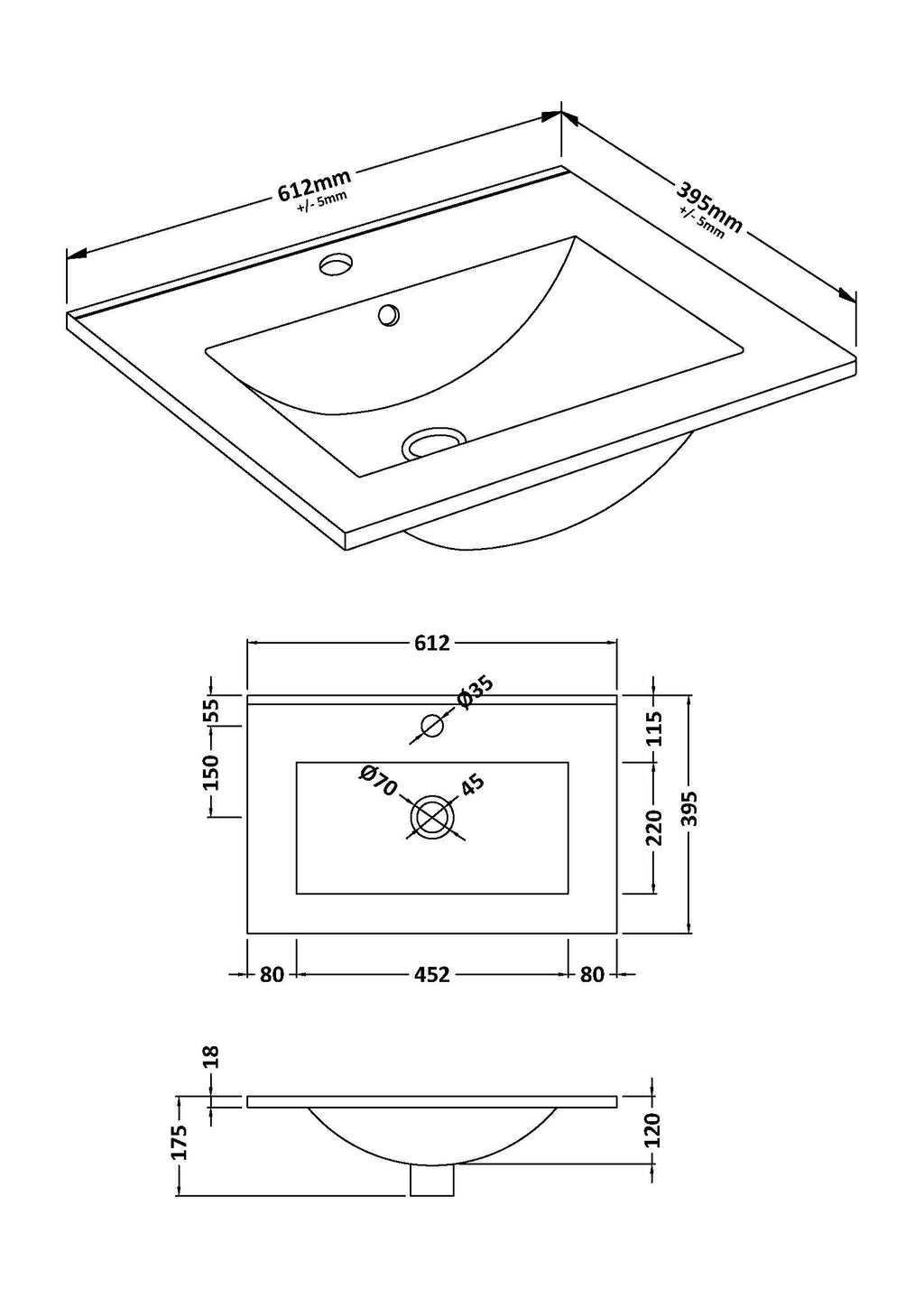 Furniture Minimalist Slimline Ceramic Basin 1 Tap Hole 600mm