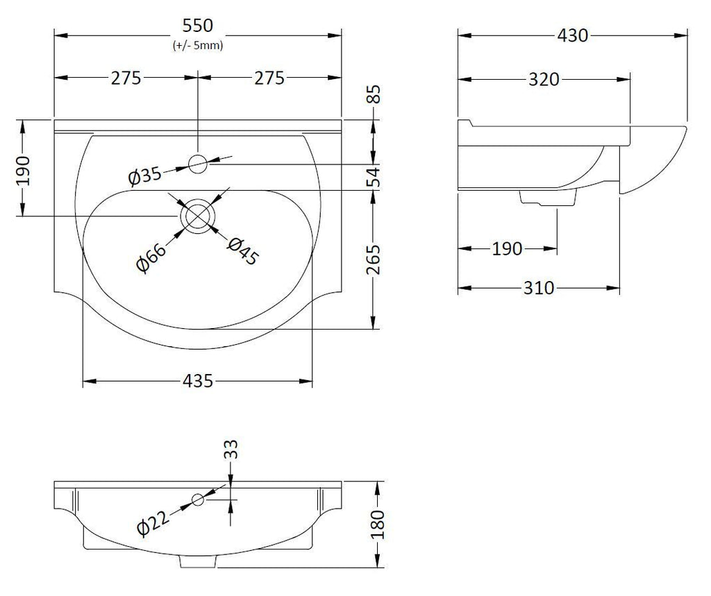 Mayford Round Ceramic 1 Tap Hole Basin 550mm