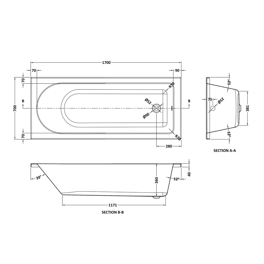 Nuie 1700mm Single Ended Bath With Legs