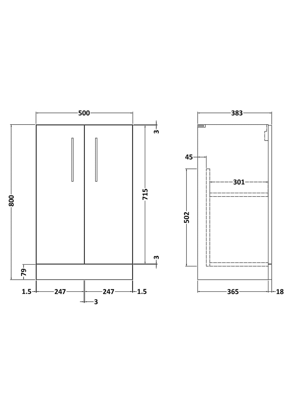 500mm Floor Standing 2 Door Unit (365 Deep)