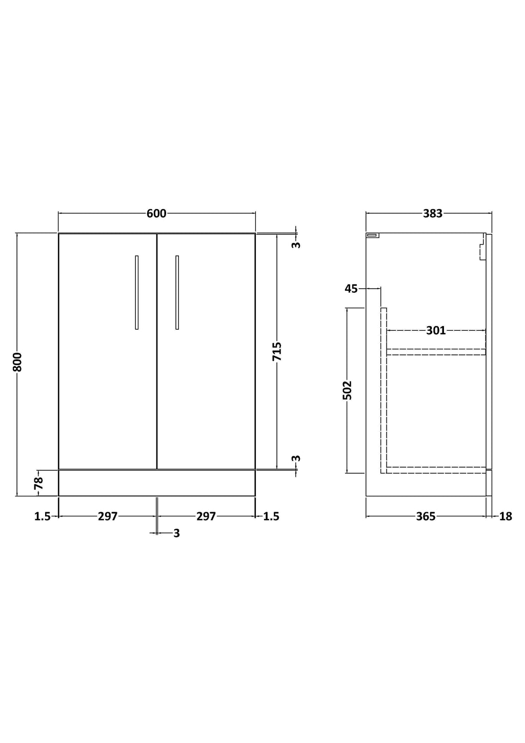600mm Floor Standing 2 Door Unit (365 Deep)