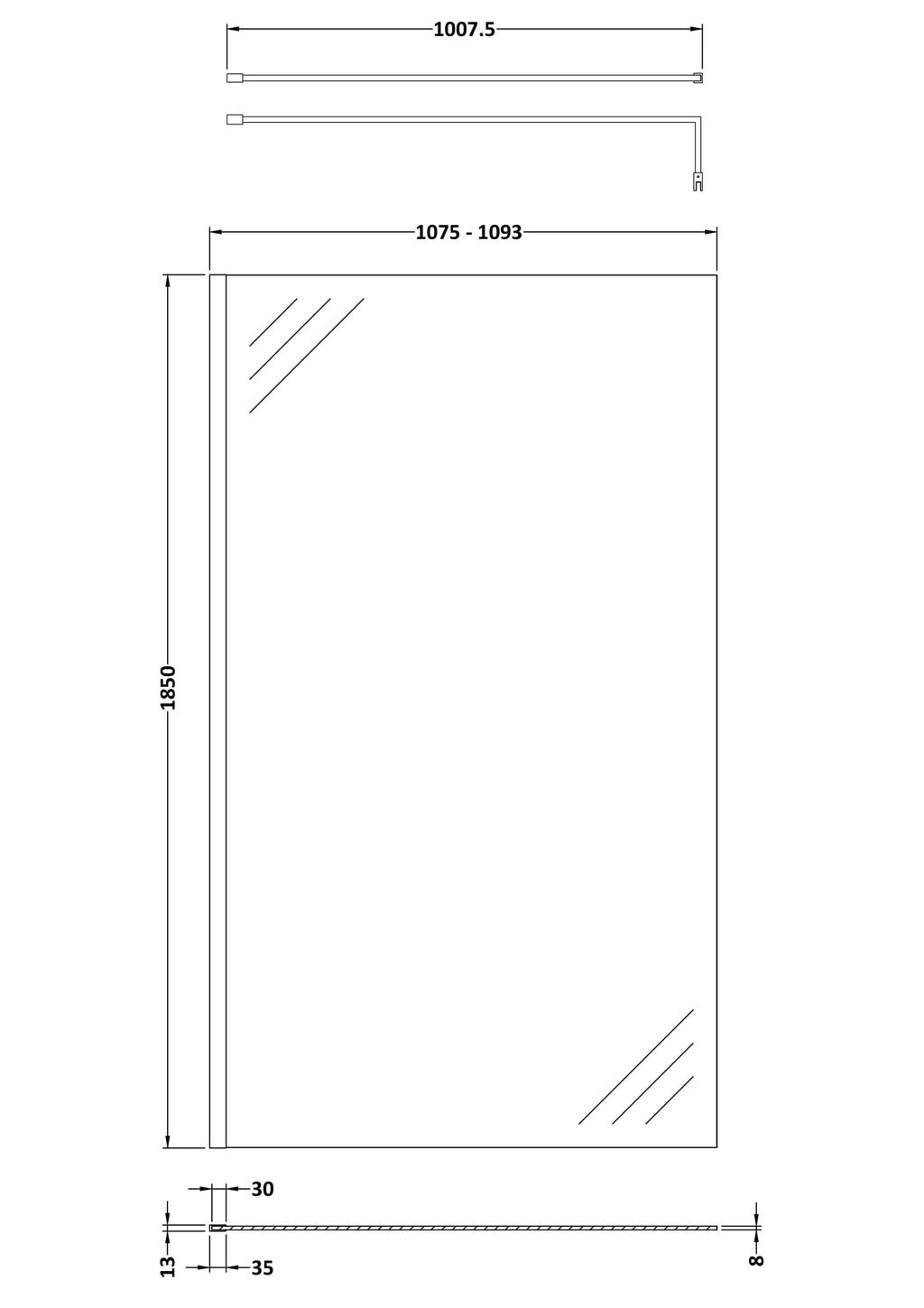 Nuie 1100mm Semi-Frameless Chrome Wetroom Screen With Support Bar