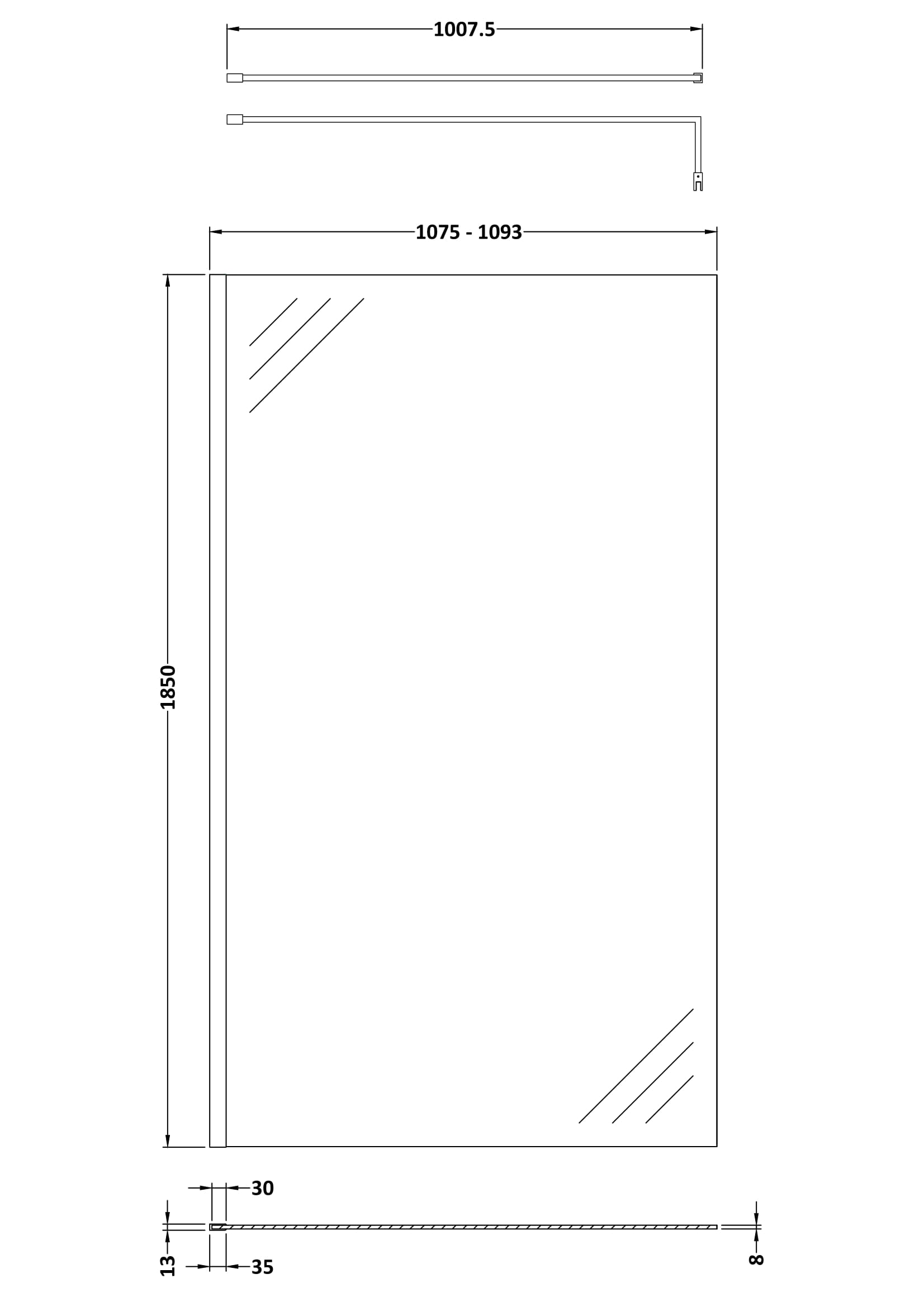 Nuie 1100mm Semi-Frameless Chrome Wetroom Screen With Support Bar