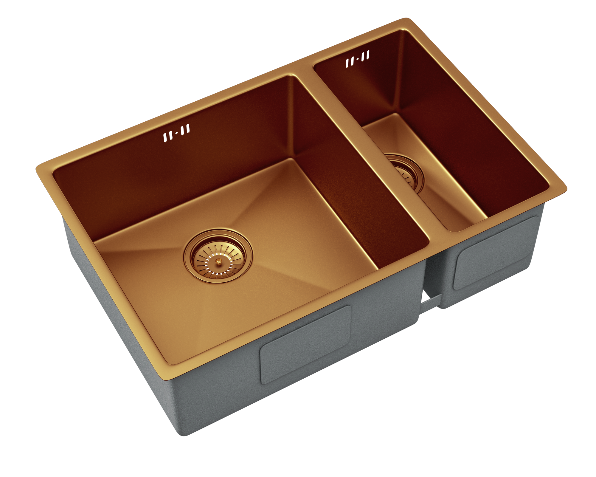 Verossi | Vrimo | 1.5 Bowl Stainless Steel Kitchen Sink | Inset or Undermounted | Copper Strainer Wastes Supplied | 670 x 440mm | Copper Finish