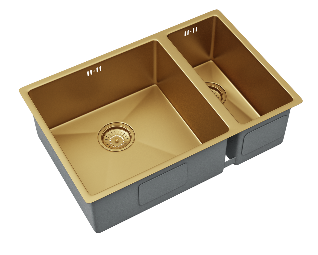 Verossi | Vrimo | 1.5 Bowl Stainless Steel Kitchen Sink | Inset or Undermounted | Gold Strainer Wastes Supplied | 670 x 440mm | Gold Finish