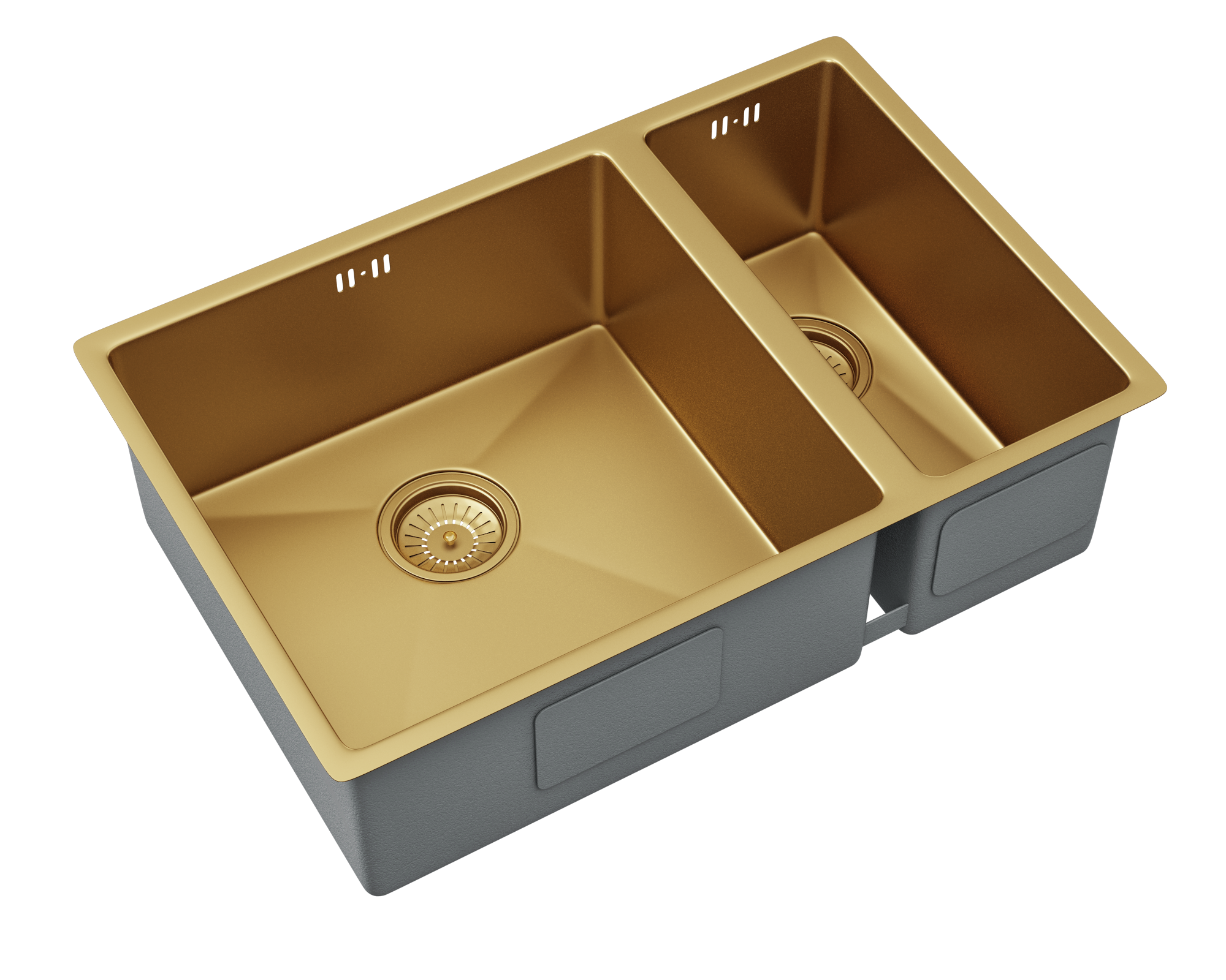 Verossi | Vrimo | 1.5 Bowl Stainless Steel Kitchen Sink | Inset or Undermounted | Gold Strainer Wastes Supplied | 670 x 440mm | Gold Finish