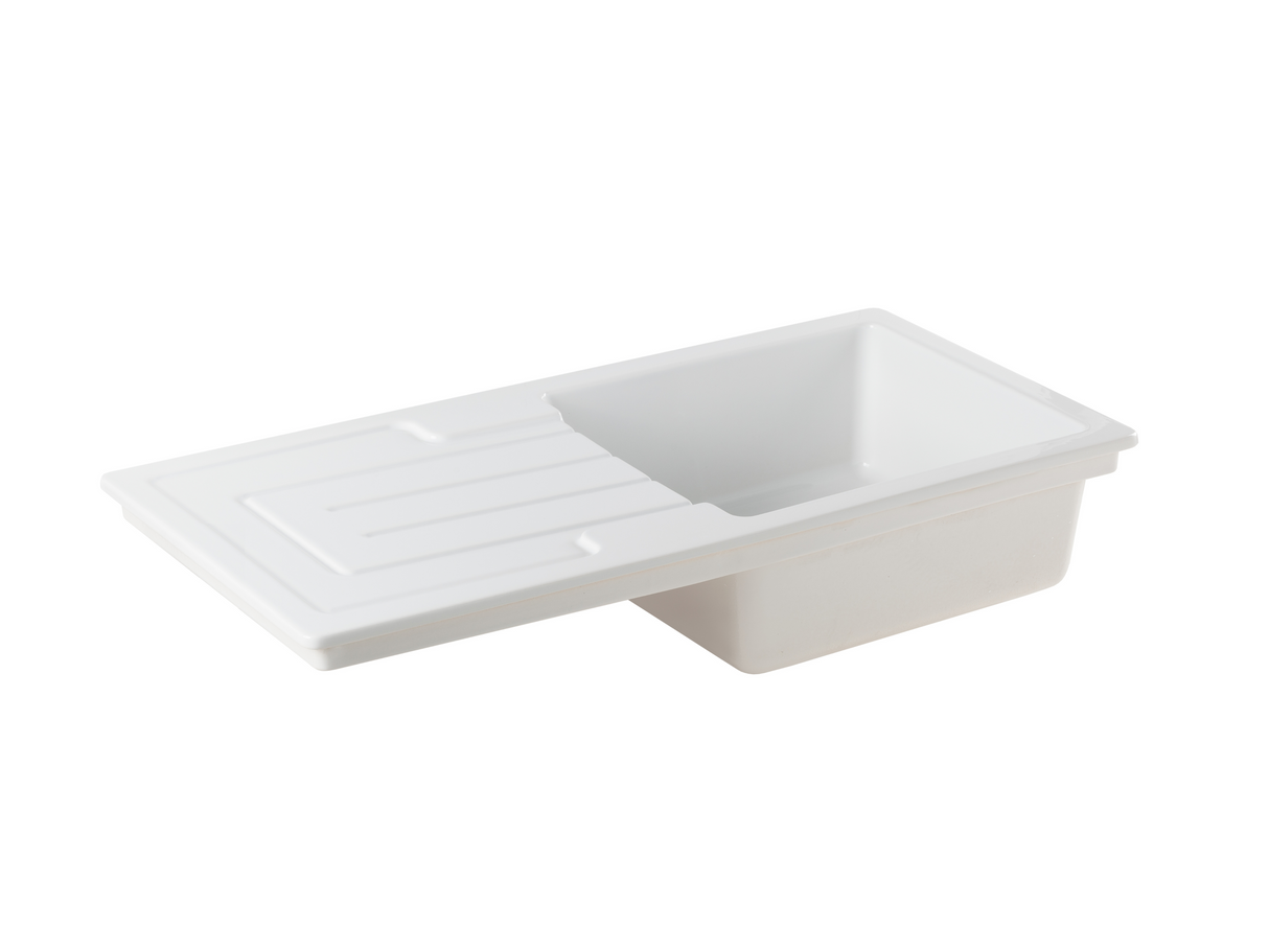 Verossi | Fireclay | 1.0 Bowl Kitchen Sink | Inset with drainer | Chrome Strainer Waste Supplied | 1000 x 500 mm | White Ceramic