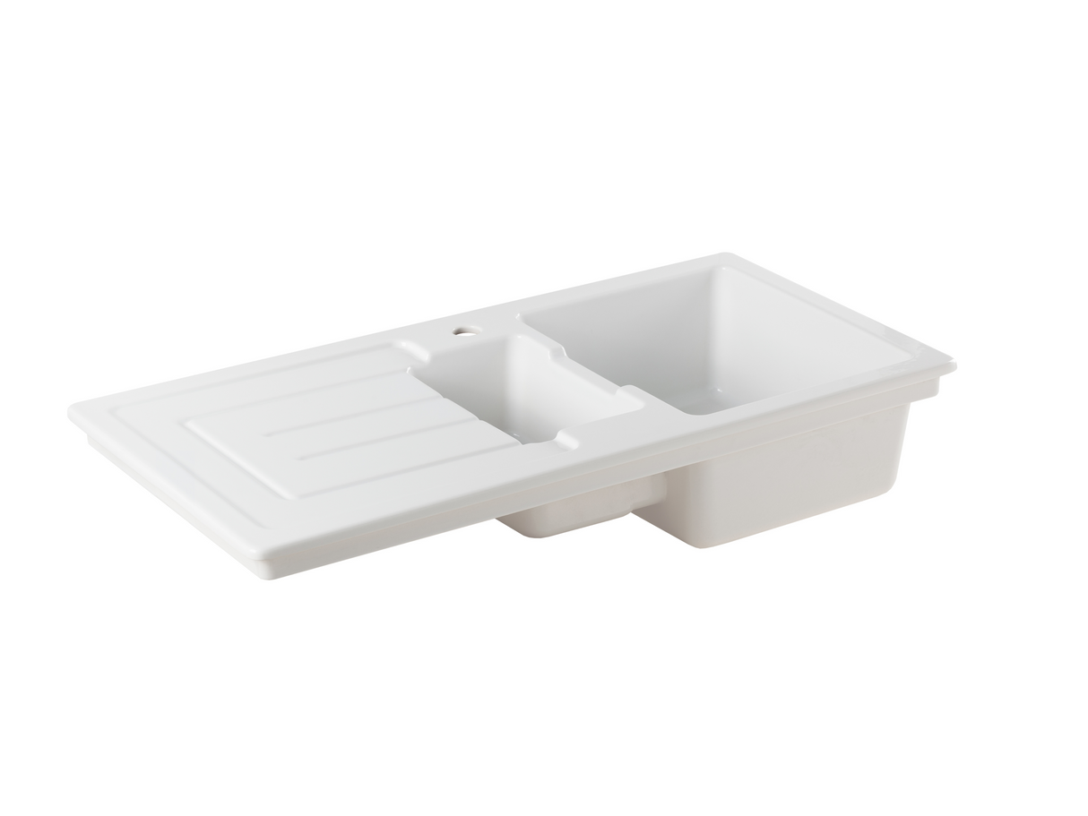 Verossi | Fireclay | 1.5 Bowl Kitchen Sink | Inset with drainer | Chrome Strainer Wastes Supplied | 1000x500 mm | White Ceramic