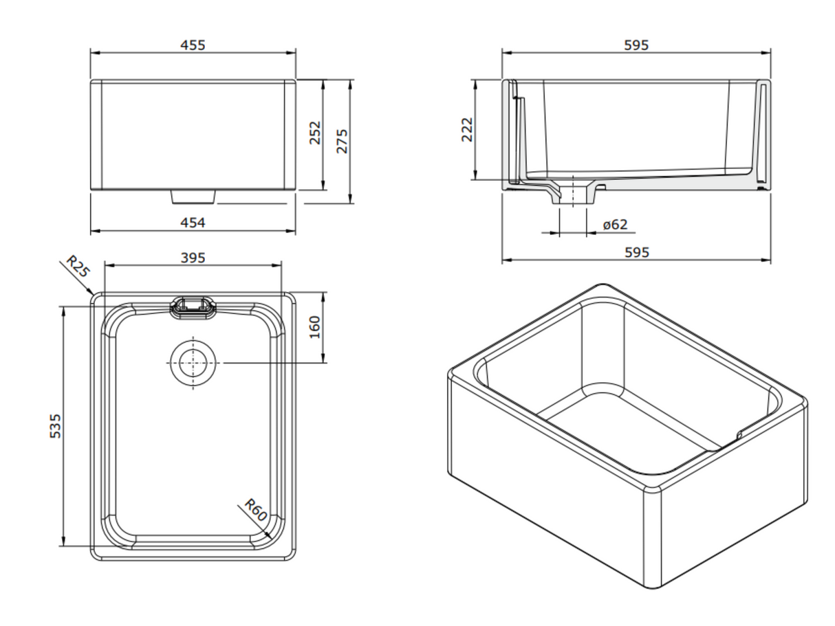 Verossi | Fireclay Belfast | 1.0 Bowl Kitchen Sink | Chrome Strainer Waste Supplied | 595x455 mm | White Ceramic