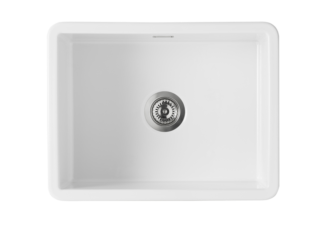 Verossi | Fireclay | 1.0 Bowl Kitchen Sink | Inset or Undermounted | Chrome Strainer Waste Supplied | 595x460mm | White Ceramic