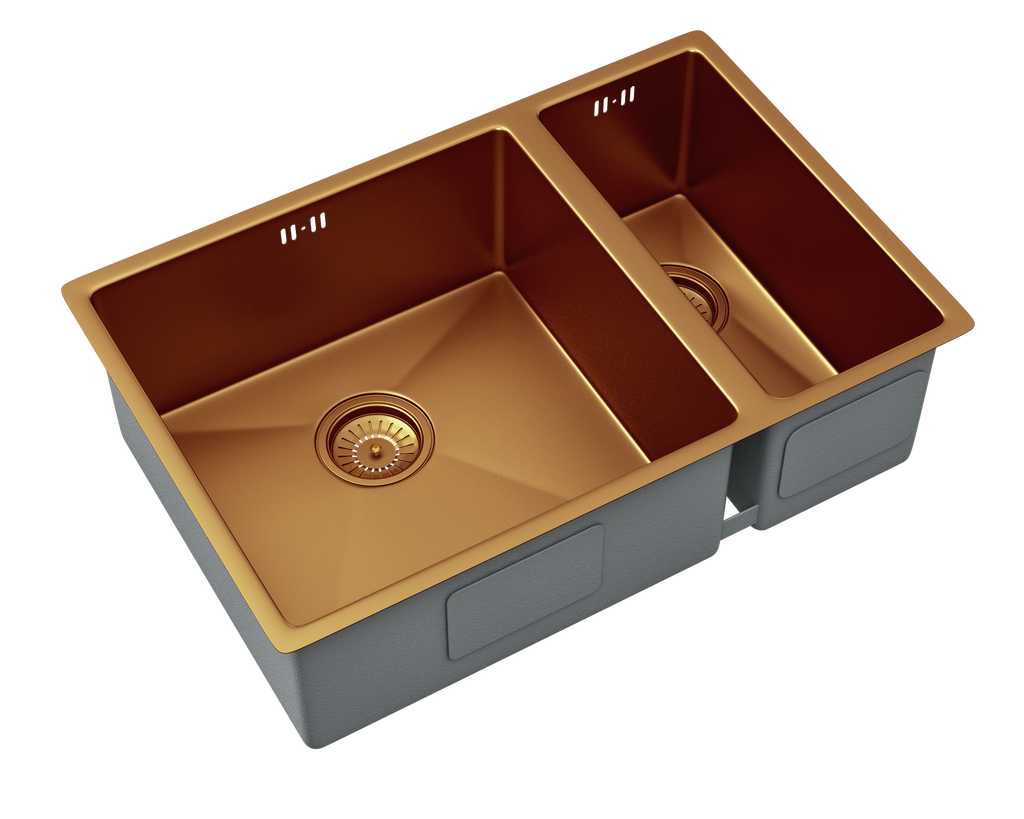 Verossi | Vrimo | 1.5 Bowl Stainless Steel Kitchen Sink | Inset or Undermounted | Copper Strainer Wastes Supplied | 670 x 440mm | Copper Finish