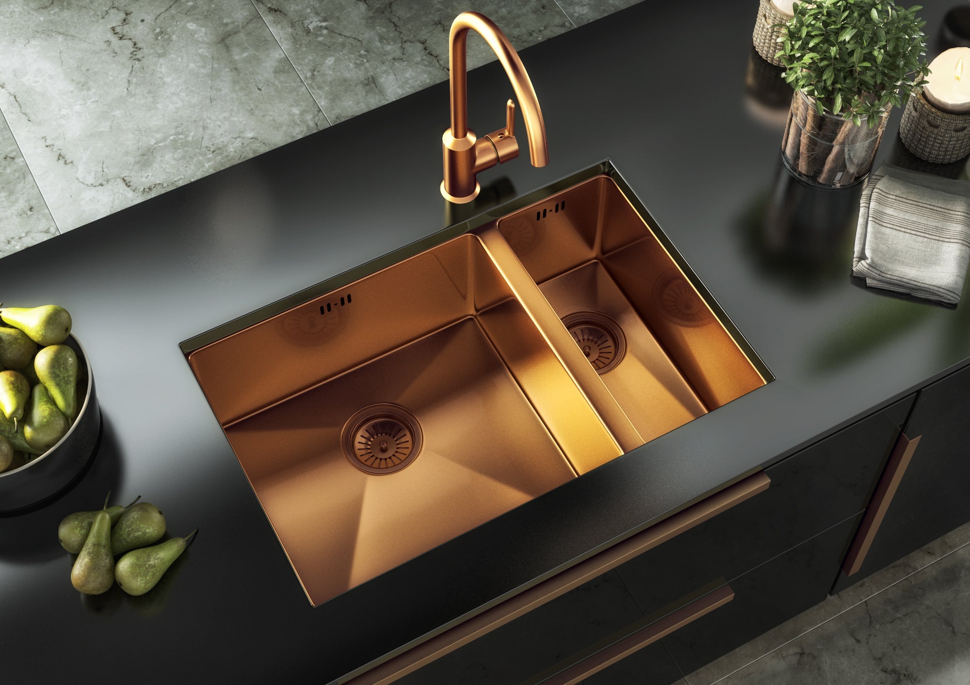 Verossi | Vrimo | 1.5 Bowl Stainless Steel Kitchen Sink | Inset or Undermounted | Copper Strainer Wastes Supplied | 670 x 440mm | Copper Finish
